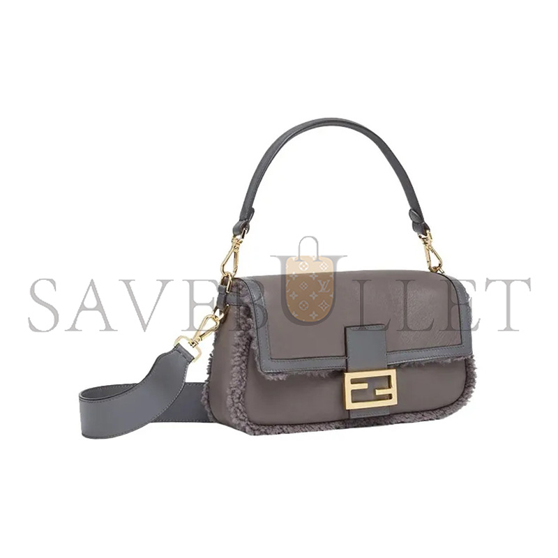 FENDI GREY LAMBSKIN SHEARLING MEDIUM BAGUETTE BAG 8BR600ALMRF1EFW (28*14*8cm)